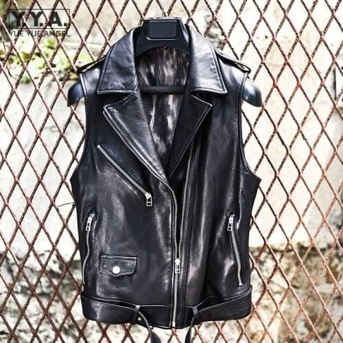 Punk Style Women Sheepskin Genuine Leather Vest High Quality Belted Slim Fit Sleeveless Jacket Female Motorcycle Biker Waistcoat