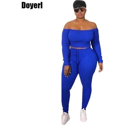 Off Shoulder Two Piece Set Women Plus Size Casual Outfit Sets for Women Matching Sets Crop Top Women Ribbed 2 Piece Pants Set