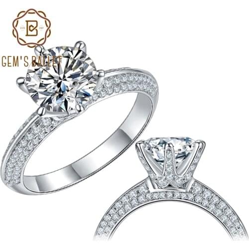 GEMS BALLET 6 Prong Solitaire Ring 925 Sterling Silver Engagement Ring For Women Jewelry 1ct 2ct 3ct Moissanite Diamond