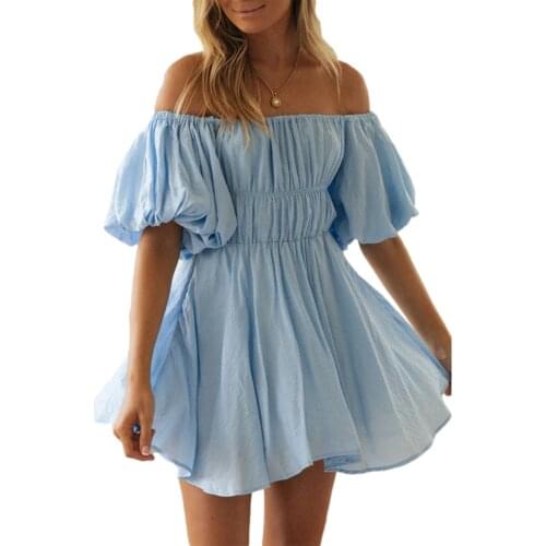 Ladies Sexy Off Shoulder Dress Summer Women Temperament Solid Color Boat Neck Puff Short Sleeve Large Hemline Mini Skirt