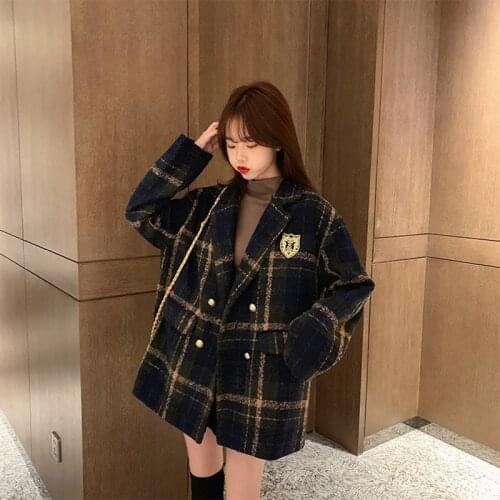 Large Size Fat Catties Coat Winter Woolen Coat Women Long Plaid Long-Sleeved Lapel Double-Breasted 2021 Fashionable