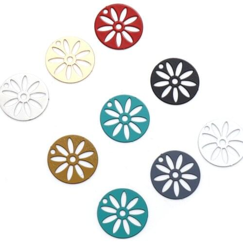 50 PCs Round Flower Painted Matal Filigree Stamping Charms Hollow Flowers Pendants For DIY Necklace Jewelry Finding 16mm Dia