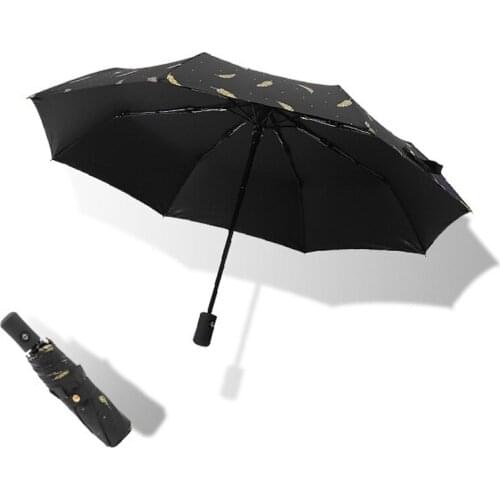 White Black Feather Pattern Automatic Opening and Closing 3 Folding Umbrella Sun Protection / Rain Protection Strong and Durable