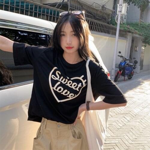 Printed Summer T-Shirts Women Black Korean Streetwear Casual Loose Shirts Tops Short Sleeve Vintage Harajuku Cropped Top
