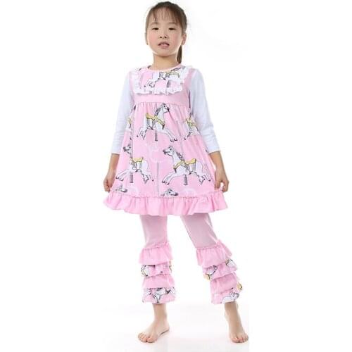 Kaiya Angel Kids Cartoon Boutique Clothing Ruffle Legging Clothes Set Wholesale Pink Baby Toddler Clothing Horse Outfits