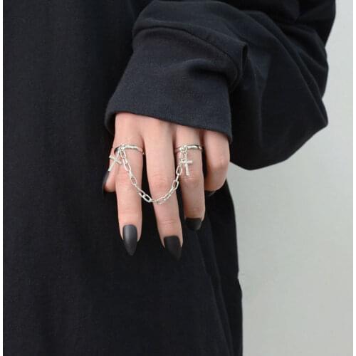 KMVEXO Silver Color Retro Punk Hip Hop Cross Ring Hand Finger Chain Adjustable Rings Jewelry Gift for Men Women Gothic Jewelry