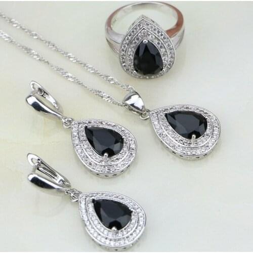 Water Drop Shaped Black Stones White CZ 925 Silver Jewelry Sets For Women Wedding Earrings/Ring/Pendant /Necklace
