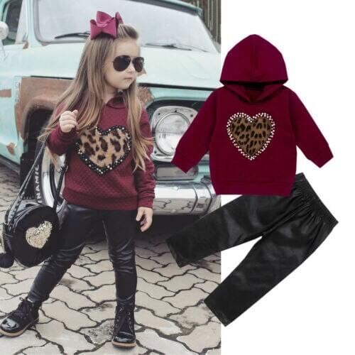 2PCS Toddler Kids Baby Girls Clothes Sets Tracksuit Love Heart Leopard Print Long Sleeve Hoodies Tops+PU Pants Outfits
