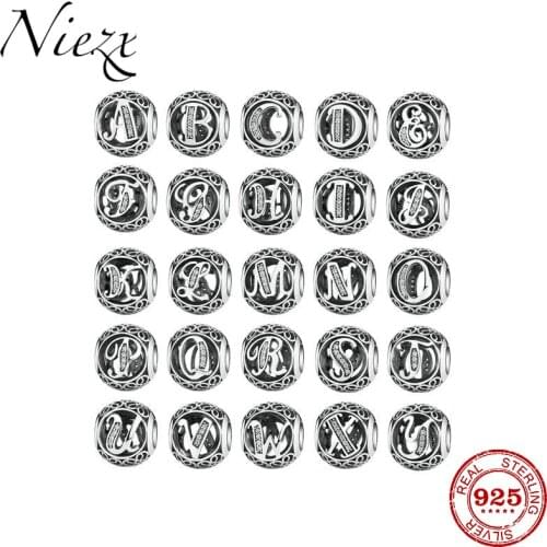 Round 925 Sterling Silver Hollow A B C D E J M Letters White Zirconia DIY fine beads Fit Original 3mm Pan Charm Bracelet Jewelry
