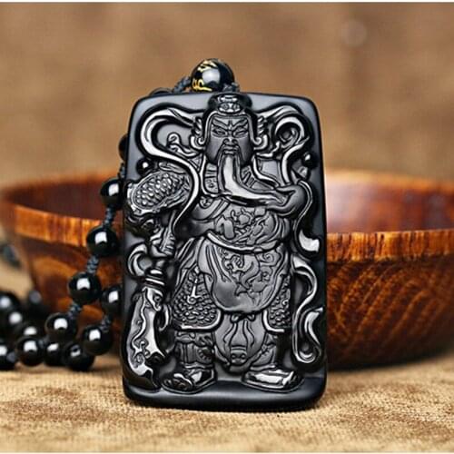 Natural obsidian frosted pendant Black Guan Yu Pendant Door god God of Wealth Gift Certificate of authenticity Free shipping