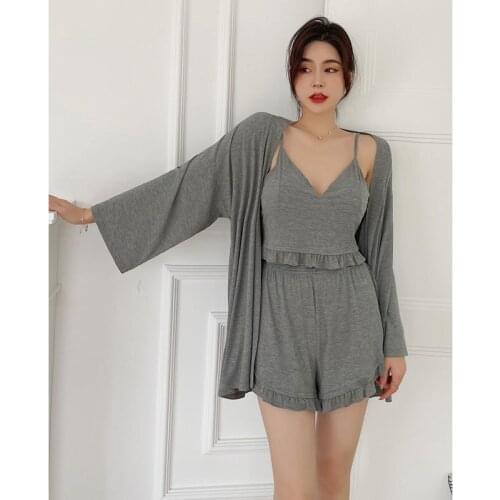 Summer Thin Pajamas Womens Satin modal fibre Three-piece Set-Korean-style Casual Solid Color Fresh Students Home Wear