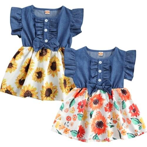 FOCUSNORM Lovely Baby Girl Summer Dress Denim Bow Patchwork Floral Printed A-Line Dresses