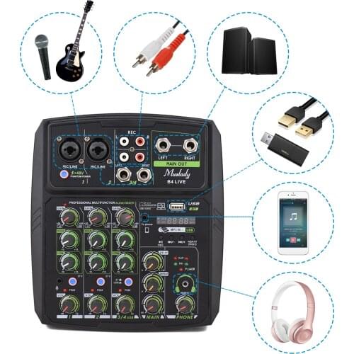 Muslady 4-Channel Audio Mixer Mixing Console LED Screen Built-in Soundcard USB BT Connection with 2-band EQ Gain Delay Repeat