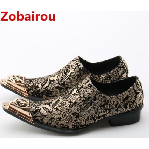 Zobairou Men Shoes Luxury Brand Loafers Gold Metal Dress Shoes Men Leather Zapatos Hombre Pointy Formal Shoes Men Oxford