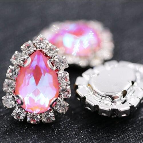 NEW glass rhinestones teardrop shape sew on Sliver base crystal button Red zircon fluorescence crystals rhinestones for garment