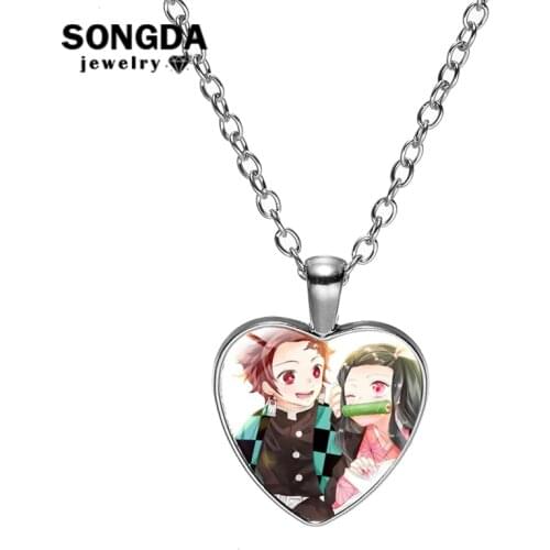 SONGDA Anime Demon Slayer Kimetsu No Yaiba Heart Necklaces Glass Dome Photo Pendant Lovely Womens Sweater Chain New Year Gifts