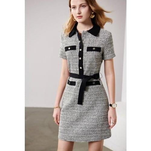 2020 woman pocket party dress woven round neck vintage hollow puff sleeve button belt dress vestido de mujer