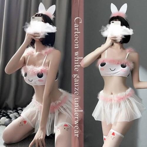 Sexy Cat Girl Anime Cosplay Bunny Costumes Set Women Erotic Lingerie Babydoll Dress Lolita Kawaii Bra Panties Stocking Headwear