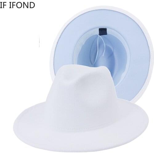 56-58CM Simple Outer White Inner Sky Blue Wool Fedora Hats For Women Wide Brim Party Felt Jazz Hat Panama Trilby Cap