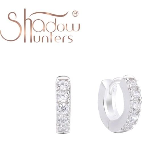 SHADOWHUNTERS 100% 925 Sterling Silver Teeny Huggies Hoop Earrings with Clear CZ Gem Side Ear Bone Earring Trendy Femme Jewelry