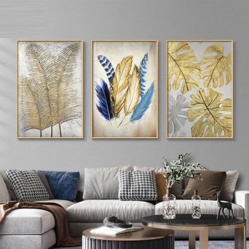 Triptych Golden Feather Leave Wall Art Diamond Painting Cross Stitch Abstract 3 Pieces Decor Full Square Round EmbroideryZP-4279