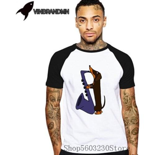 Funny Dachshund Dog Playing Blue Saxophone Leisure T Shirts Dog Man Short Sleeves Clothing Tees 100% Cotton Round Neck T-Shirt
