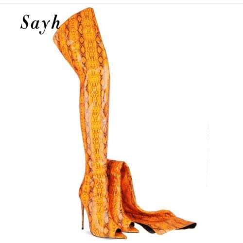 Woman Over-the-knee Boots Snakeskin Boots Peep Toe 12cm Heels Boots Women fluorescent Boots Runway Shoes Big Size