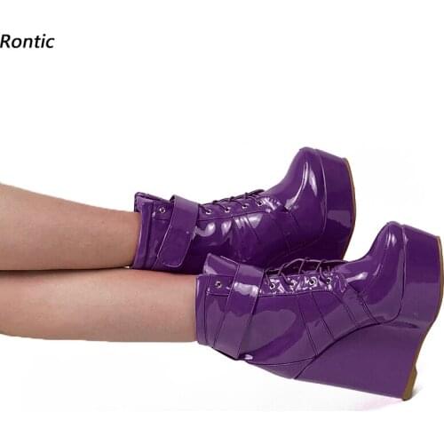 Rontic Handmade Women Winter Platform Ankle Boots Unisex Patent Wedges Heels Round Toe Purple Red Cosplay Shoes US Size 5-20
