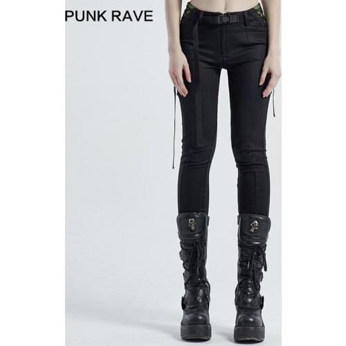 PUNK RAVE Womens Punk Handsome Skinny Leggings Streetwear Bandage Design Casual Trousers Waist Side Yellow-green Splicing