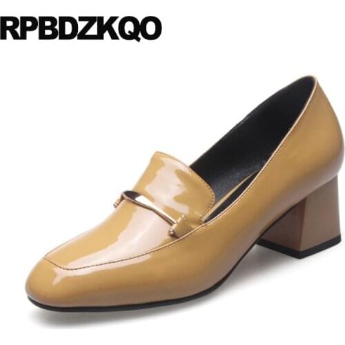 Chunky Medium Square Toe Size 33 Court Formal Black High Heels Brand Designer Shoes Women Patent Leather Pumps Yellow Office