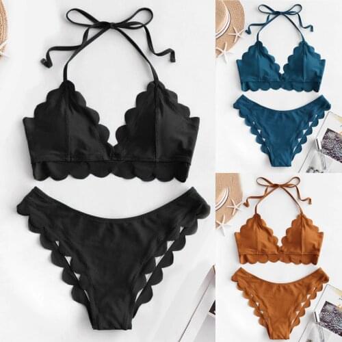 #H40 Scallop Halter Bikini Set Solid Color Halter Swimsuit Two Piece Swimwear Women Beachwear Bathing Suit Swimming Suit