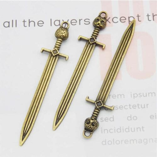 Julie Wang 10PCS Sword Charms Antique Bronze Cat Face Long Sword Necklace Pendant Earrings Findings Jewelry Making Accessories