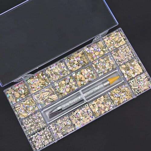 21Grids/Box 2000pcs Nail Art Rhinestones+1pc Dotting Pen Crystal Red/AB Color Set Flatback Strass Charms Nail Decorations Te#004