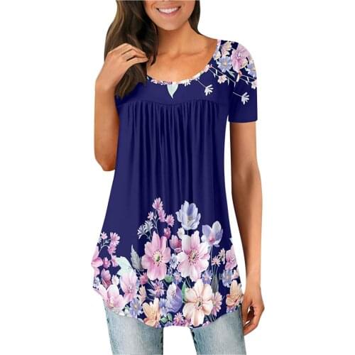 Womens Summer Blouses Femme Shirt Flower Print Waist Short-sleeved Pleated Shirts Loose Flowy Top Female Clothes Blusas Mujer