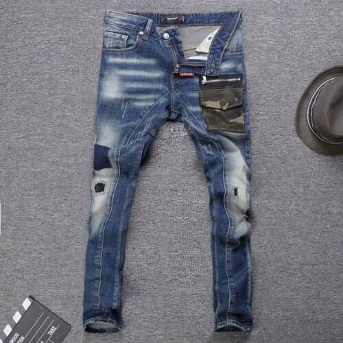 Streetwear Fashion Men Jeans Retro Blue Elastic Slim Fit Ripped Jeans Men Pocket Patched Designer Hip Hop Denim Punk Biker Pants