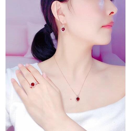 Anniversary Best Gift Natural Garnet Jewelry Set 1pc Ring 1pc Pendant 1pair Earrings 925 Sterling Silver High Jewelry