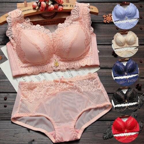 Slimgirl Womens Lace Bra Set Push Up Wire Free Breathable Bra & Brief Sets Sexy Lingerie Female Big Size Underwear A B C D Cup