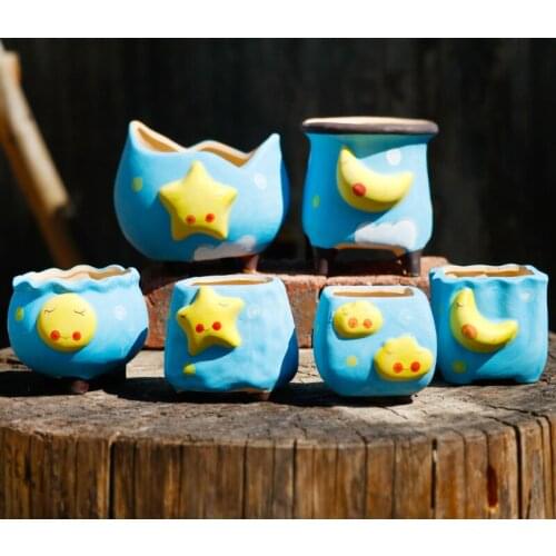Creative Moon Star Blue flower pot garden decoration Blue Ceramic pots for plants craft ornament Balcony macetas decorativas