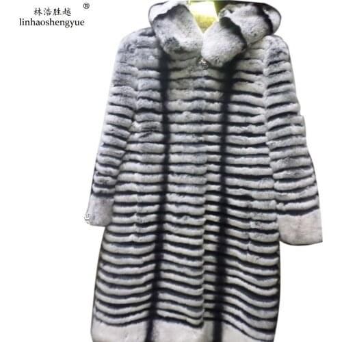 Linhaoshengyue Real Rex Rabbit Fur Coat Length 85CM with Hood