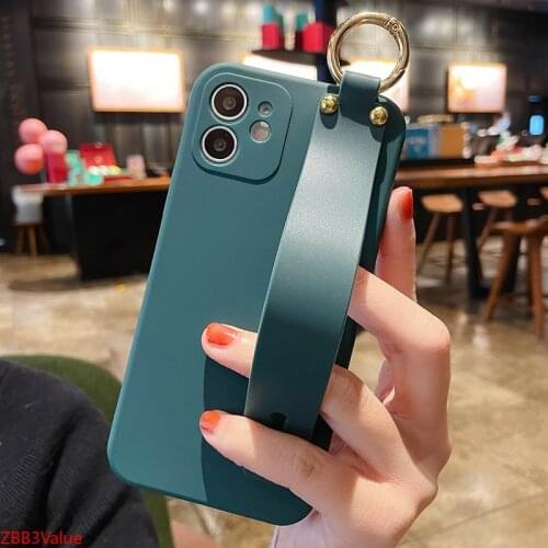 For iPhone 11 12 Pro Max X XR XS Max Wrist Strap Phone Holder Soft TPU Plain Color Cover For iPhone 8 7 Plus SE Case