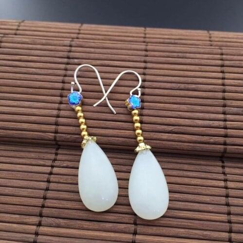 Natural and nephrite white yu earrings, yu full of sweet, with small gold beads + burning blue accessories2170