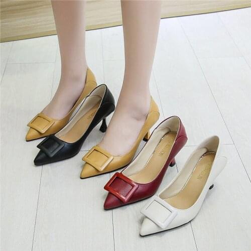 2020 New Women Pumps Black High heels 7.5cm Lady Patent leather Thick with Autumn Pointed Single Shoes Female Sandals U28-48