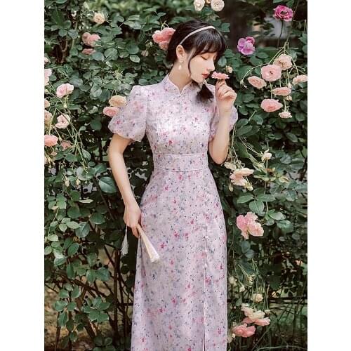 2021 Summer New Style Chinese Style Womens Retro Literary Girl Young Style Slim Temperament Cheongsam Mid-Length Dress