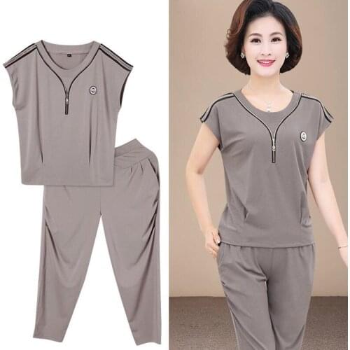 2021 New Summer Thin T-shirt Casual Pants Women Set Fashion Large Size Loose Comfortable Two Piece Set Middle-aged Mother Lu1930