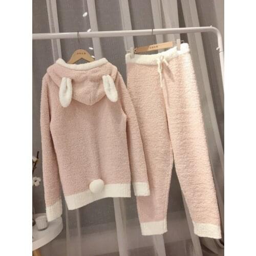 Women Autumn Winter Animal Rabbit Ear Thick Warm Pajamas Ladies Two Piece Cosplay Sleepwear Girls Nightwear Home Clothes Suits