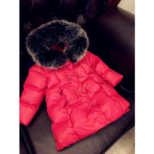 Girls double - breasted down jacket child long pure color trim coat thick Fashionable joker