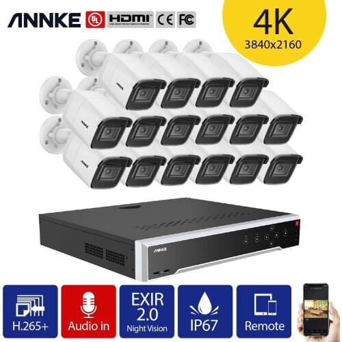 ANNKE 4K Ultra HD POE Video Security System 12MP H.265+ 16CH NVR With 16X 8MP Weatherproof Surveillance IP Cameras Audio Record