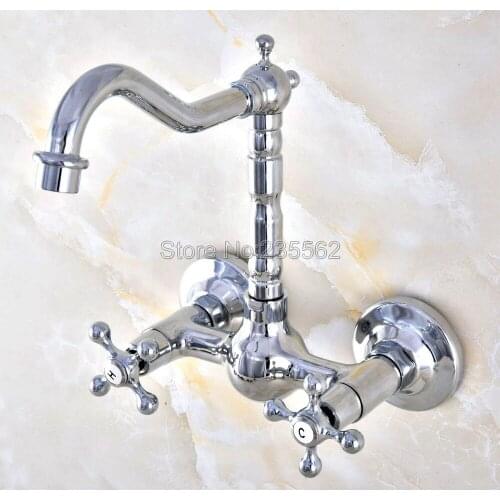 Chrome Kitchen Sink Faucet Wall Mounted Double Handle Bathroom Basin Cold And Hot Mixer Tap lnf584