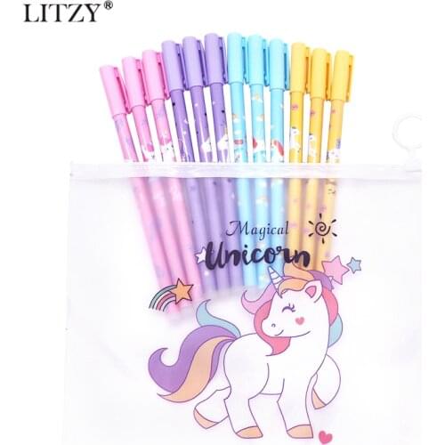 12Pcs/Lot Cute Unicorn Erasable Pens Kawaii 0.5mm Refill Erasable Gel Pen Set Washable Magical Pen School Office Stationery Gift