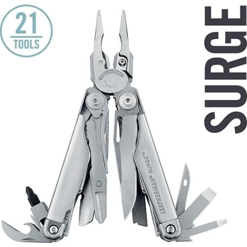 LEATHERMAN - Surge Heavy Duty Multitool with Premium Replaceable Wire Cutters and Spring-Action Scissors, Black/Silver with Prem